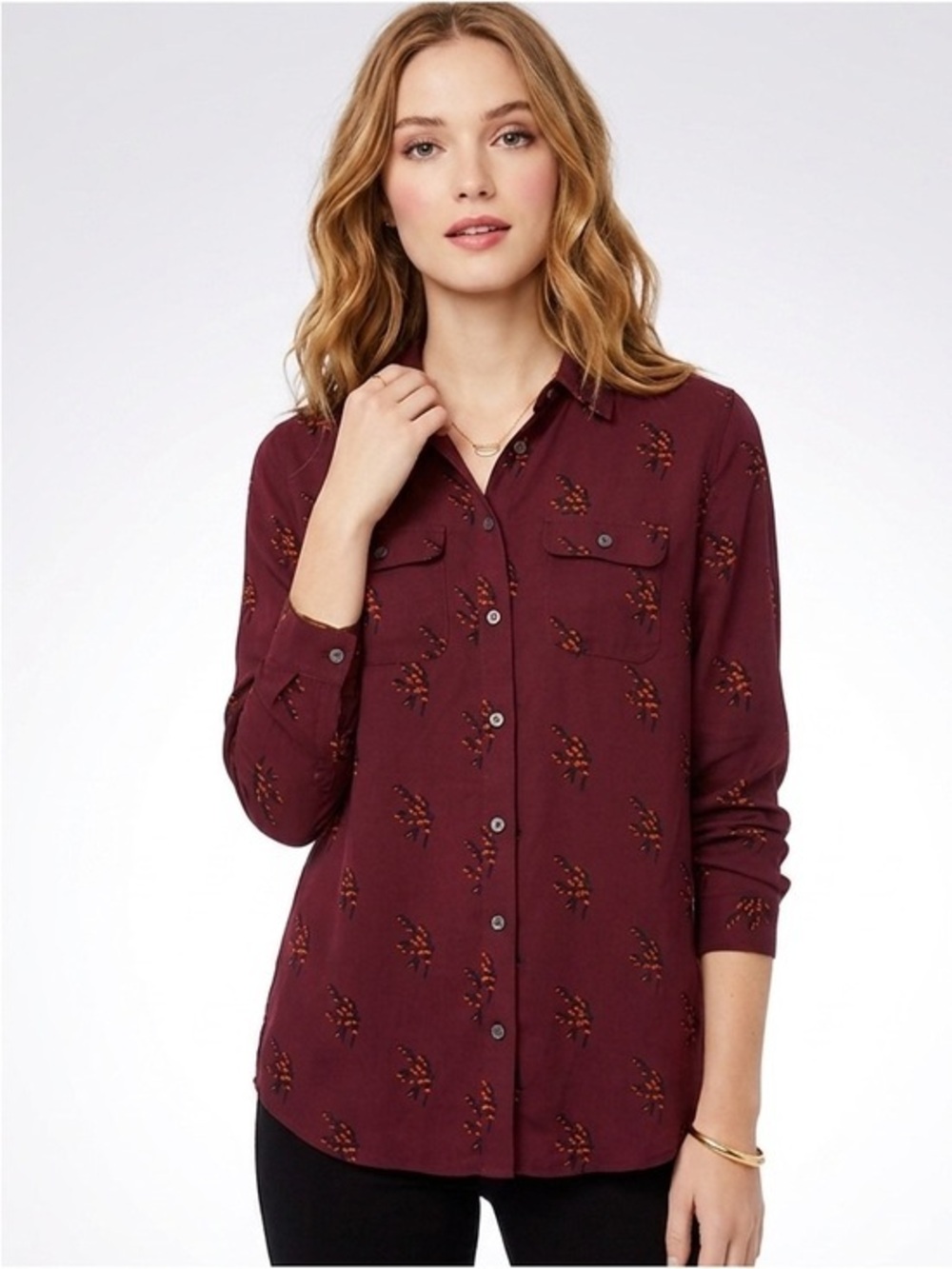 LOFT Burgundy Floral Print Blouse Orange Size Extra Small Petite